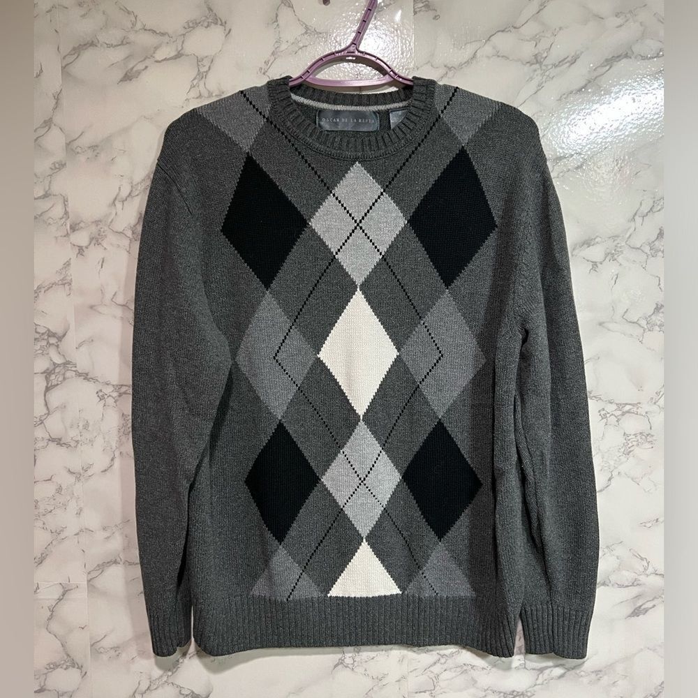 Oscar De La Renta Gray Argyle Crewneck Sweater Men's M